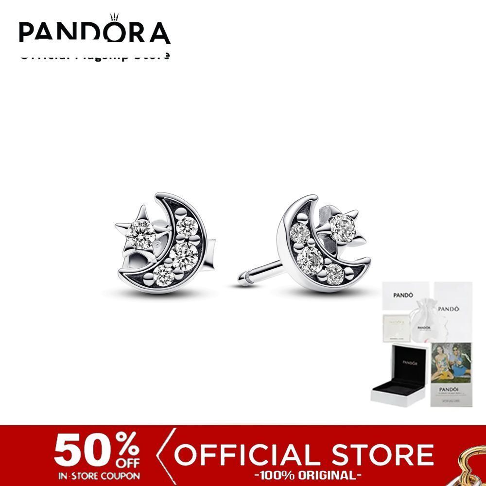 (ของแท้100%) Pandora Crescent Moon Sterling Silver Stud Earrings With Clear Cubic Zirconia เครื่องประดับ ต่างหู