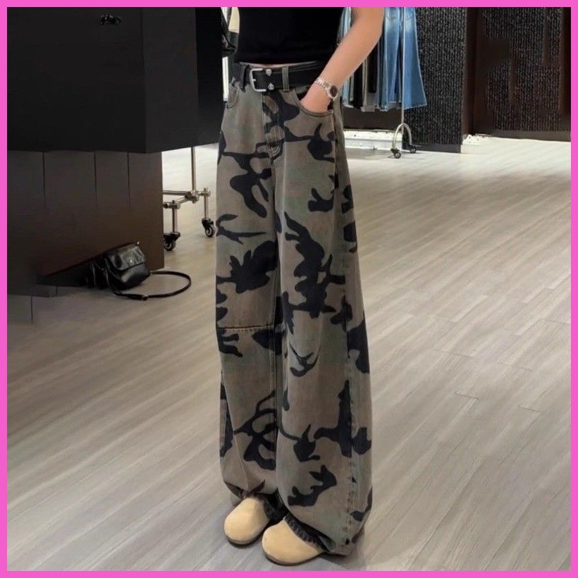 กางเกงยีนส์ลายพรางสไตล์ยุโรป ขาตรง เอวสูง 2025 ลายล้างและวาด สไตล์ญี่ปุ่นน่ารัก ทรงหลวมกระชับสัดส่วน - รูปที่ 3