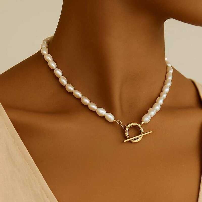 ▥ สร้อยคอมุกน้ำจืดทรงข้าวสารขนาด 5-6 มม. สำหรับผู้หญิง งานแฮนด์เมด ตัวล็อคแบบ OT เครื่องประดับส