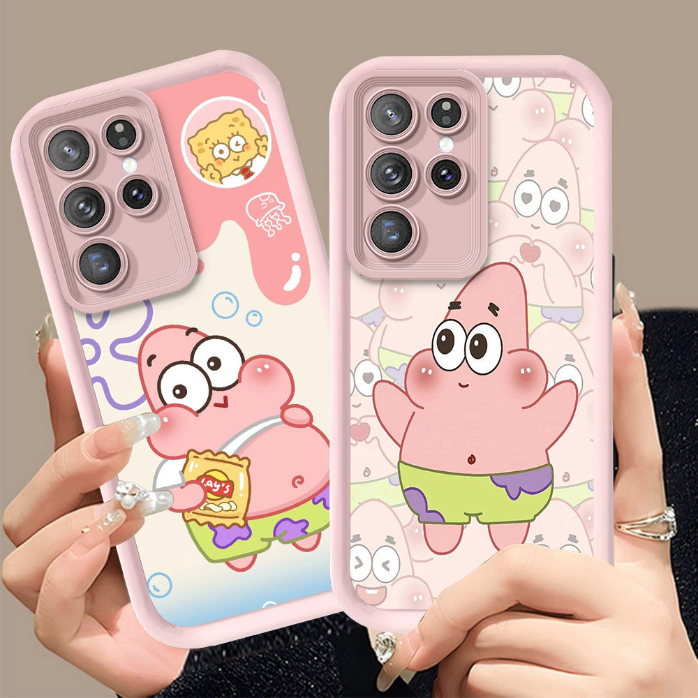 Q-5 SpongeBob ขาวดำเคสโทรศัพท์หรับ Samsung Galaxy S24 Note 20 S25 FE Ultra Plus ปกสีชมพู