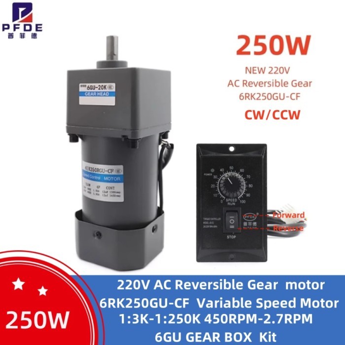 ZD 220V 250W AC Reversible Gear 6RK250GU-CF Variable Speed Motor 1:3K-1:250K  6GU AC Gear Reducer M