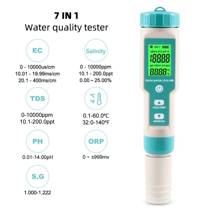 Yieryi New 7 in 1 PH / TDS / EC / ORP / Seawater Specific Gravity / Salinity / Temperature C-600 PH