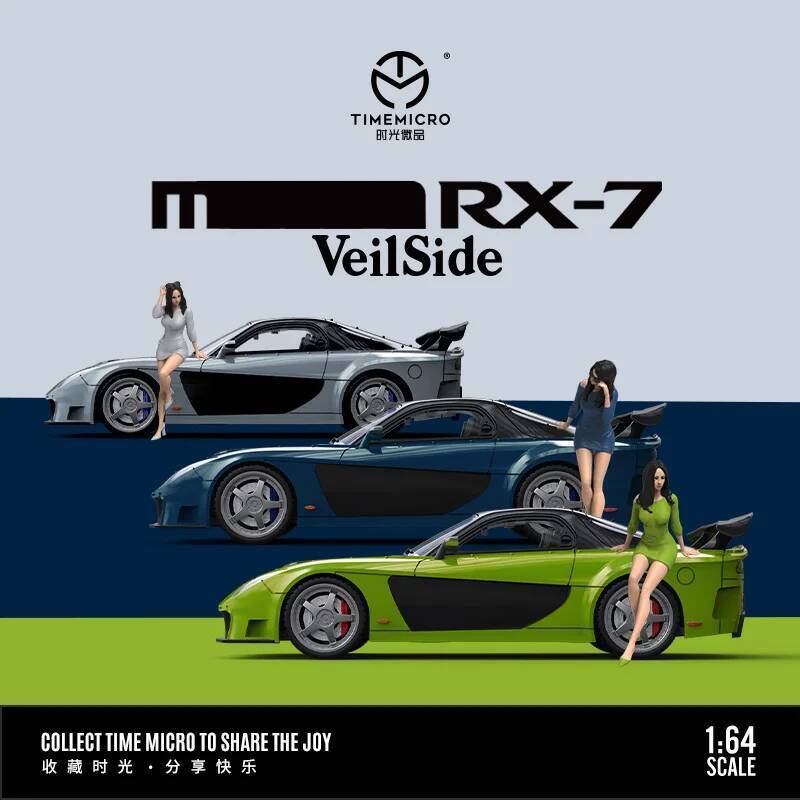 TimeMicro 1:64 RX-7 Veilside Sier สีดําสีฟ้าภาพวาดรุ่นรถสําหรับคอลเลกชันและจอแสดงผลและของขวัญ
