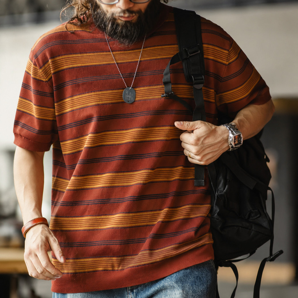 Wuluwear Thick heavyweight striped knitted T-shirt men's round neck striped short sleeved top