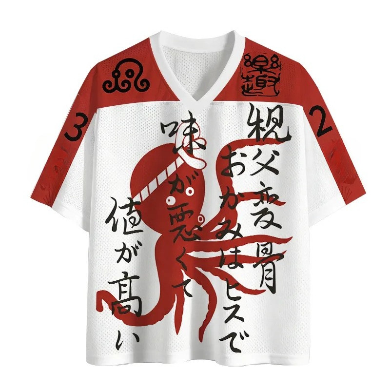 ใหม่สไตล์ญี่ปุ่นสนุก Char Siu Octopus กีฬากลางแจ้ง Street V คอสั้น Sleeved 3D พิมพ์เสื้อยืดสําหรับฤด