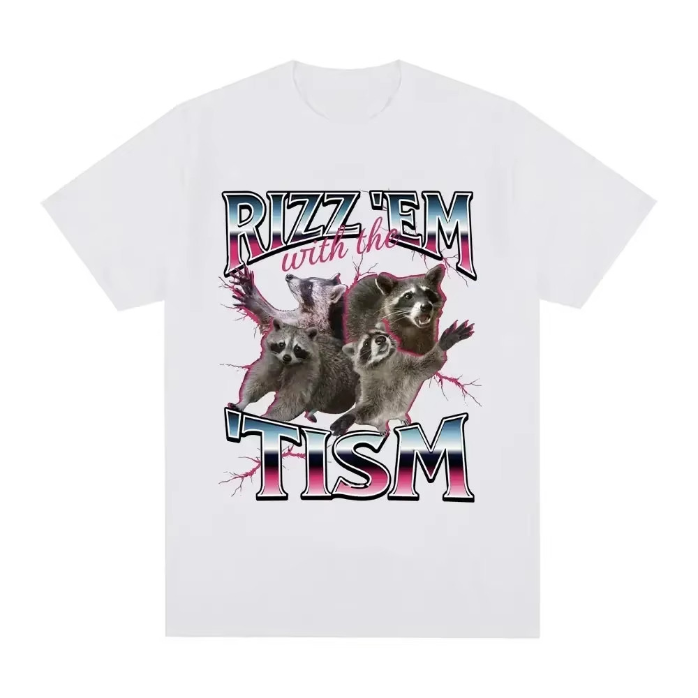 Rizz Em พร้อม Tism ออทิสติก Racoon เสื้อยืดฤดูร้อนสบายๆแฟชั่นแขนสั้นผู้ชายเสื้อยืดผู้หญิงผ้าฝ้ายระบา