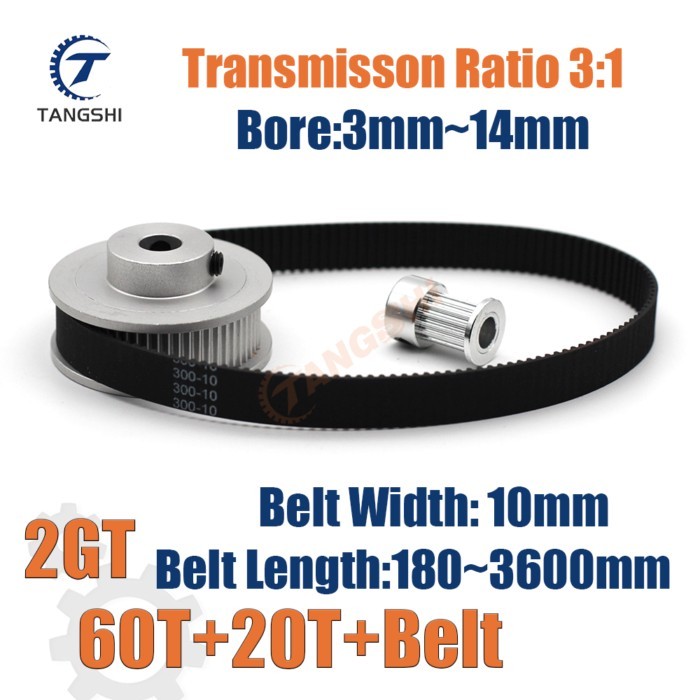 GT2 Timing Pulley Kit 60 Teeth 20 Teeth 1:3 Reduction Ratio Width 10mm Tensioning Wheel Synchronous