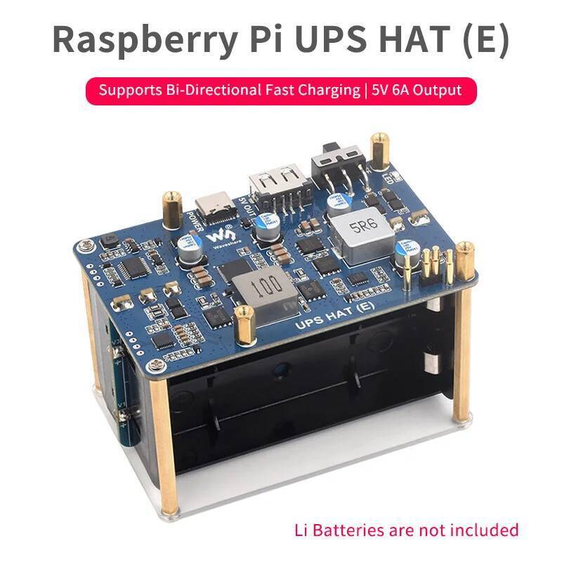 Raspberry Pi 5 UPS HAT (E) 5V 6A เครื่องสํารองไฟรองรับแบตเตอรี่ 4x21700 Li (ไม่รวม) ขั้วต่อ Pogo Pin