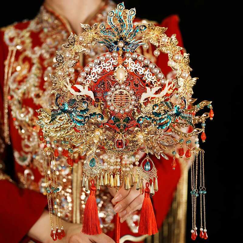 T Tuan Fan Heavy Industry พัดลมเจ้าสาวสองสีสองด้านสําเร็จรูปสไตล์จีน Xiuhe Handmade y ของขวัญของขวัญ