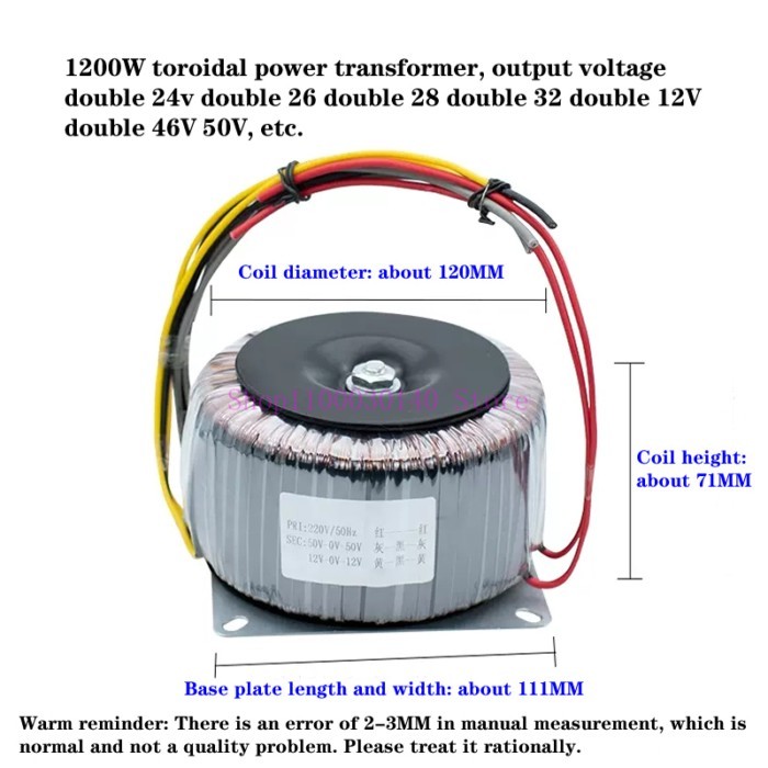 1200W toroidal power transformer, output voltage double 24v double 26 double 28 double 32 double 12