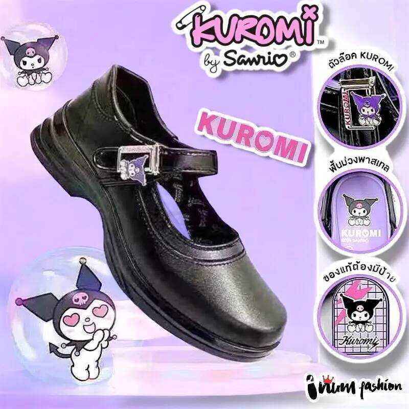Nfshoes รองเท้านักเรียนหญิง คุโรมิ Kuromi Gerry Gang หนังดำ รุ่น G6607 +Y777 ลิขสิทธิ์แท้ ไซส์3