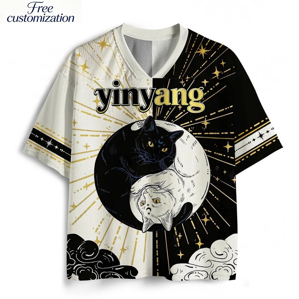Yin Yang ล่าสุด Tai Chi Cat Rugby 3D Jersey สีดําทอง Starry Sky Lucky Cloud เด็กผู้ชายและผู้หญิงตาข่