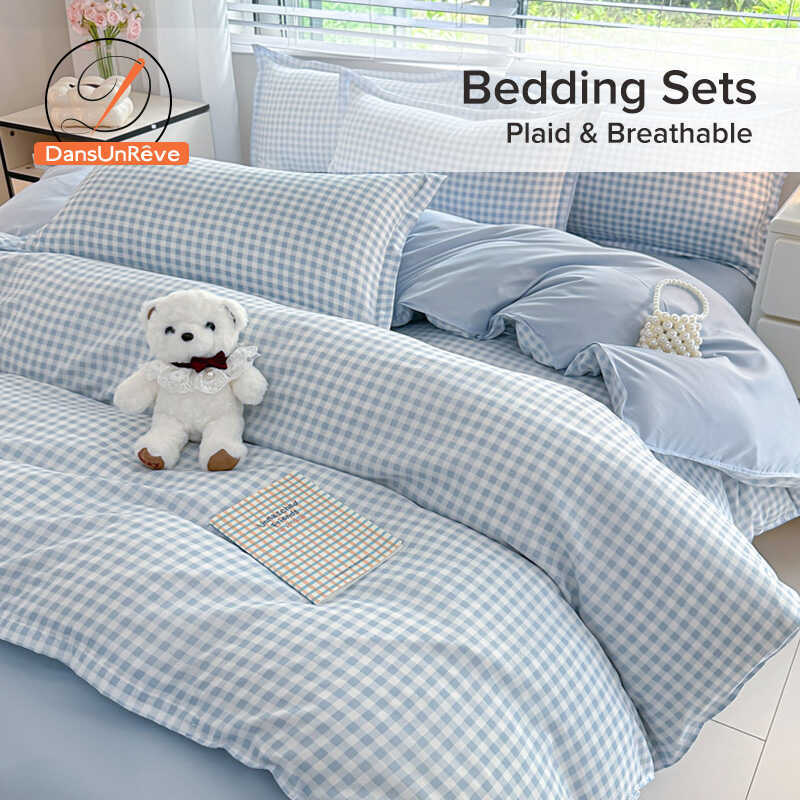 Dansunreve 3/4in1 Plaid Bedsheet Sets with Comforter Cover & Pillowcase & Bedsheet Single/er Single