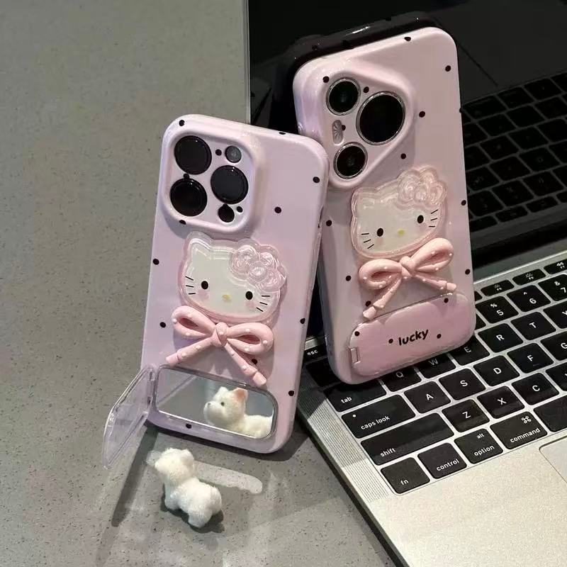 น่ารัก 3D Hello Kitty Bow Mirror พับ bracke เคสโทรศัพท์สําหรับ VIVO V60 V50 V40 Lite V27 V23 V23e V25 V20 V40 5G S1 Pro V15
