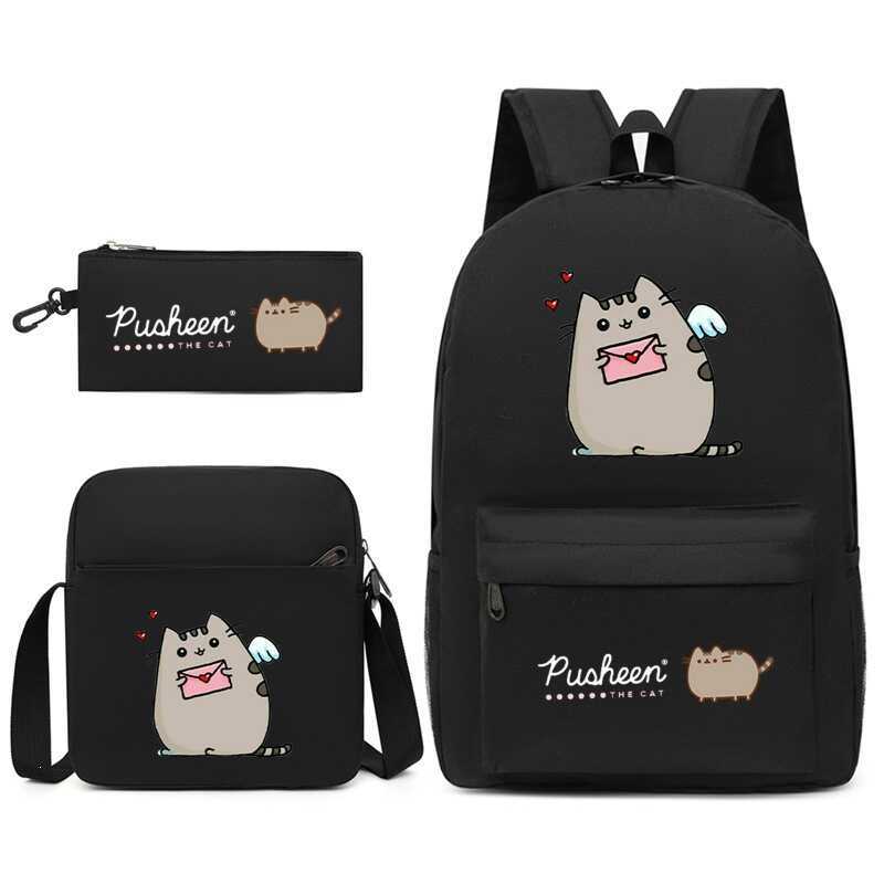 Pusheen Pusheen Pusheen กระเป๋านักเรียนสามชิ้นกระเป๋าเป้สะพายหลังนักเรียนชายลําลองพิมพ์ขนาดใหญ่