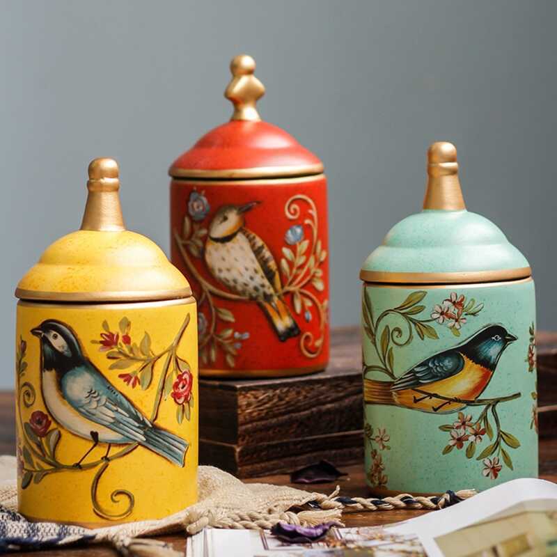 amic American Rustic Style Canister Bird Printing Vintage Candy Pot -Proof Kitchen Storage Jar Gift