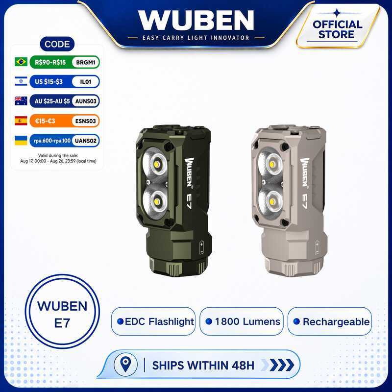 WUBEN E7 1800 Lumen ไฟฉายขนาดเล็กพร้อมแม่เหล็ก - Super Bright 6 โหมด ArmyGreen EDC ไฟฉาย, Typ-C ชาร์