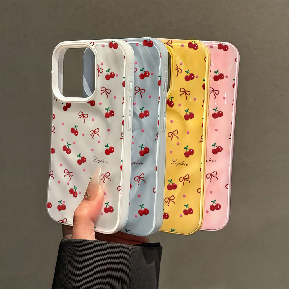 เชอร์รี่น่ารัก เคส For IPhone 16 15 14 13 12 11 Pro Max X XR XS Max 7 8 6 Plus สีลูกกวาดคลื่นริ้วรอยเคสโทรศัพท์สําหรับ
