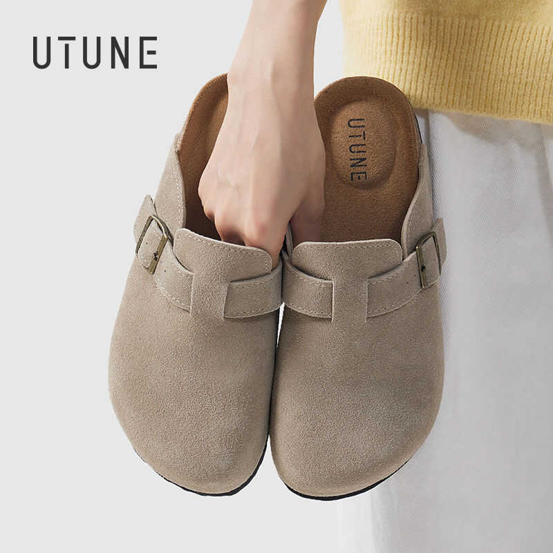 & UTUNE Retro Lazy Suede Half Slippers Women's New Thick Bottom Belt Buckle Adjustable Shoes