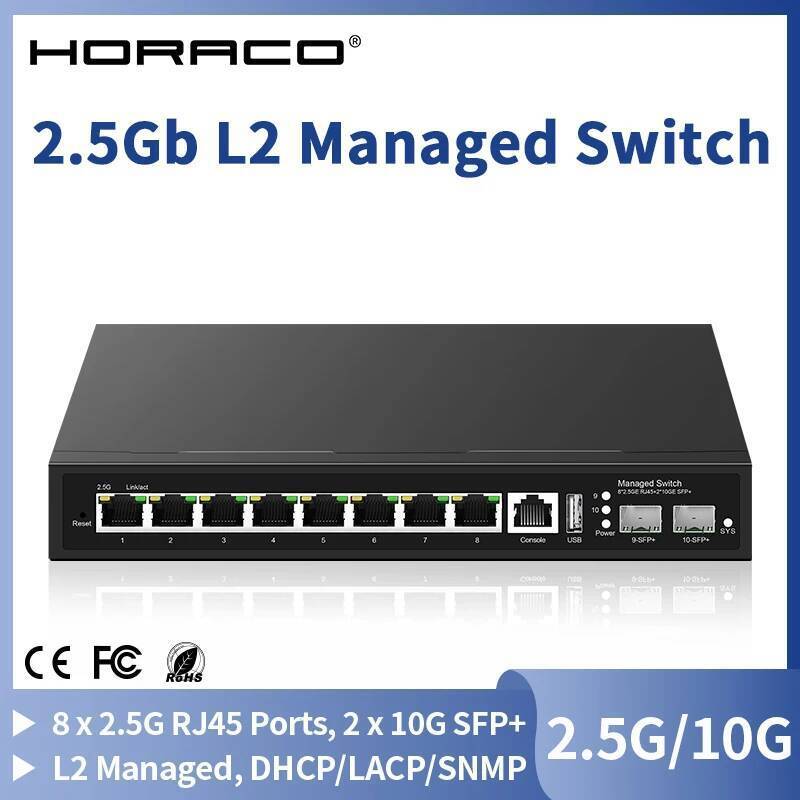 HORACO 8 พอร์ต 2.5Gb L2 Managed Switch สวิตช์เครือข่ายการจัดการการจัดการ 2 SFP+ สวิตช์อีเธอร์เน็ตที่