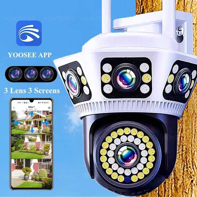 YOOSEE 6K 12MP กล้อง 3 เลนส์ 3 หน้าจอ Wifi PTZ กล้องวงจรปิดภายนอกกันน้ำ ระบบเสียงสองทาง มองเห็นในที่
