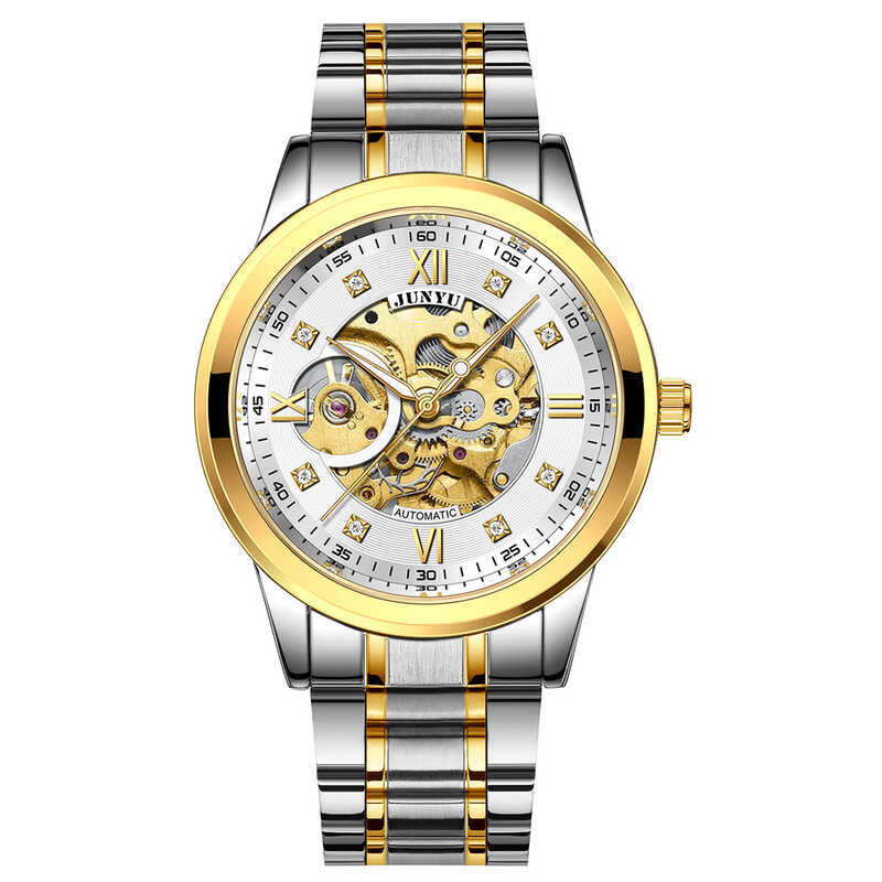 JUNYU JUNYU ยี่ห้อผู้ชายนาฬิกา สายสแตนเลสผีเสื้อหัวเข็มขัดกันน้ําสองด้าน Hollow Tourbillon