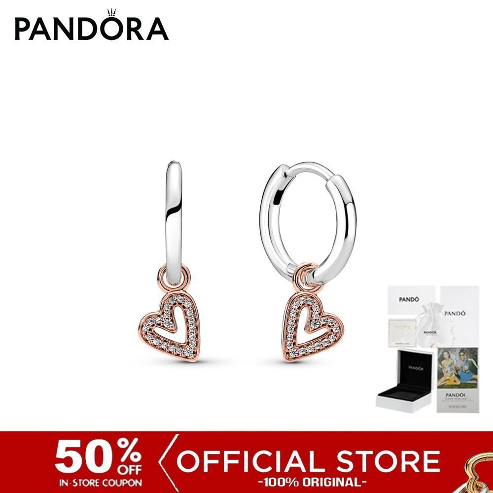 (ของแท้100%) Pandora Heart 14k Rose Gold-plated And Sterling Silver Hoop Earrings With Clear Cubic Zirconia