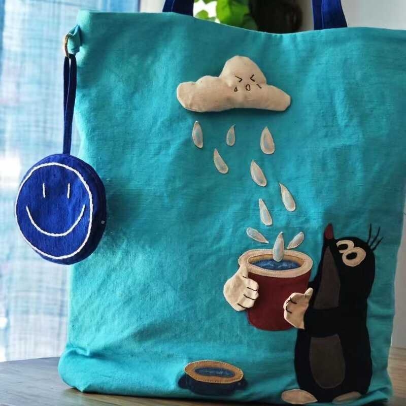 ght Canvas Shopping Embroidered Raindrop Cloudy Mole E Urban Minimalist Style Handbag Shoulder Tote