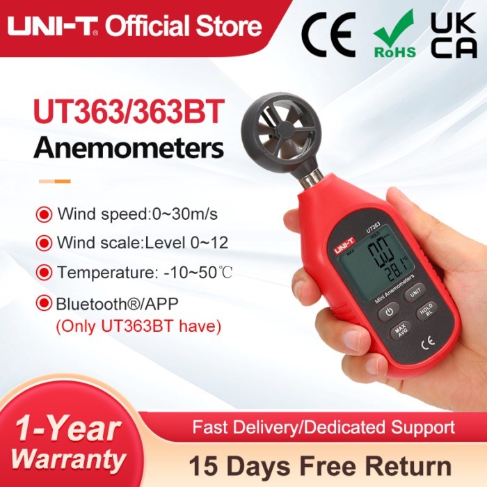 UNI-T Anemometer UT363 UT363BT Wind Speed Meter 0~30m/s Air Speedometer Digital Temperature Meter W