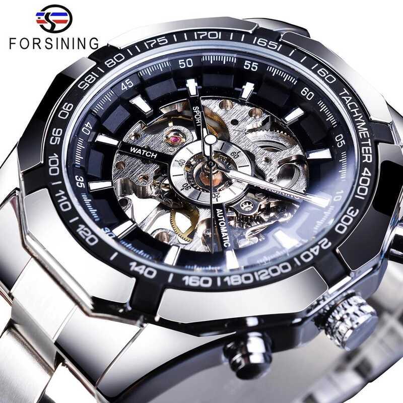 Forsining Silver Stainless Steel Mens Mechanical Watch Sports Skeleton Manual Watch 30 M Life Waterp
