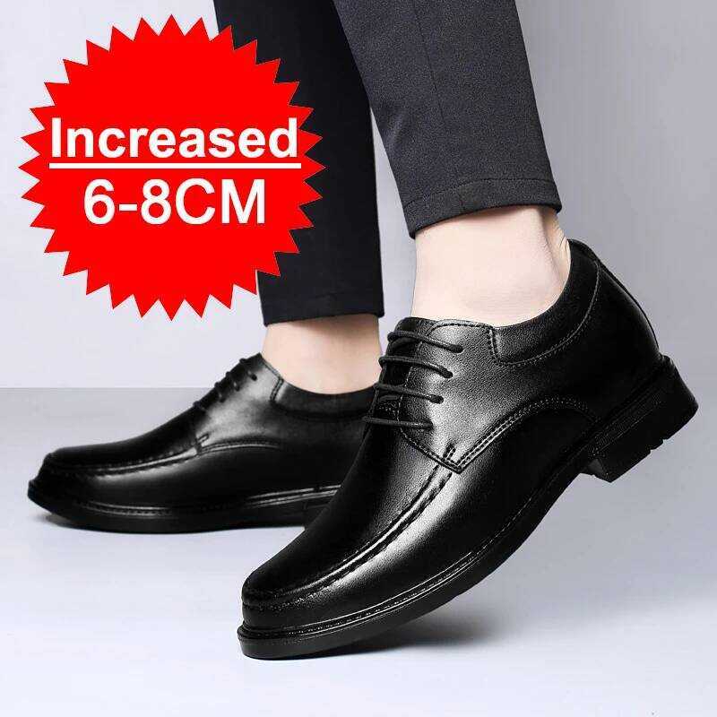 t‑Increasing Leather Shoes 6‑8Cm Black Lace‑Up Business Formal Shoes Men's Genuine Leather Elevator