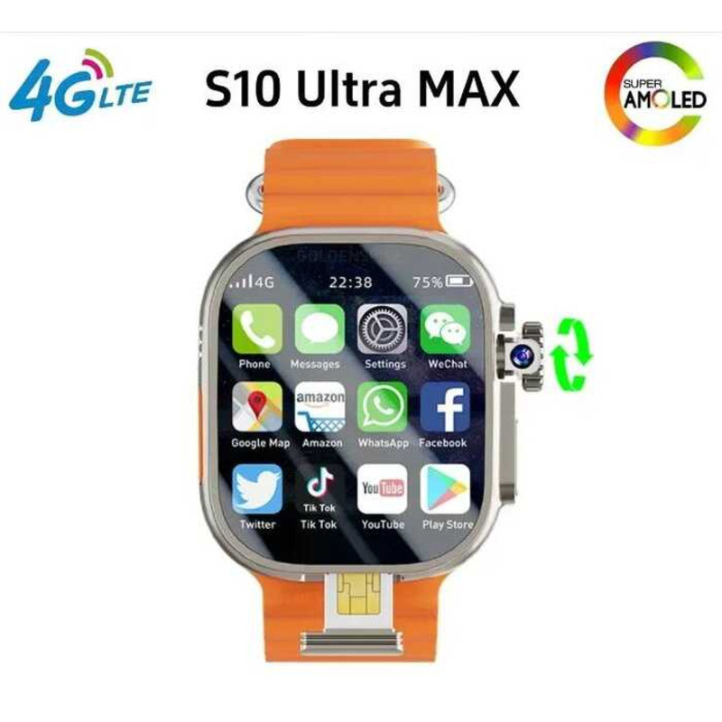 S10 Ultra Max Smartwatch 4G 10.0 2.2 นิ้ว Amoled กล้องโรตารี Video Call GPS WIFI App ดาวน์โหลด DW99 