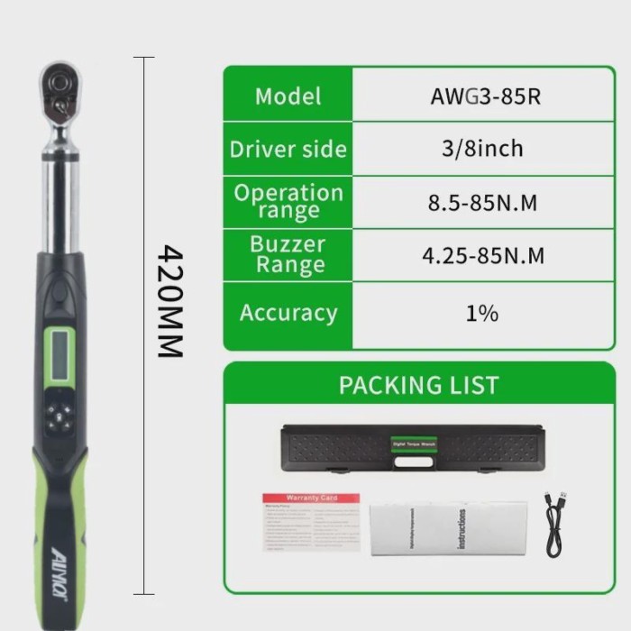ALIYIQI 85N.m 3/8 Digital Torque Wrench AWG3-85R Bidirectional Ratchet Head 36 Teeth Connect To Com
