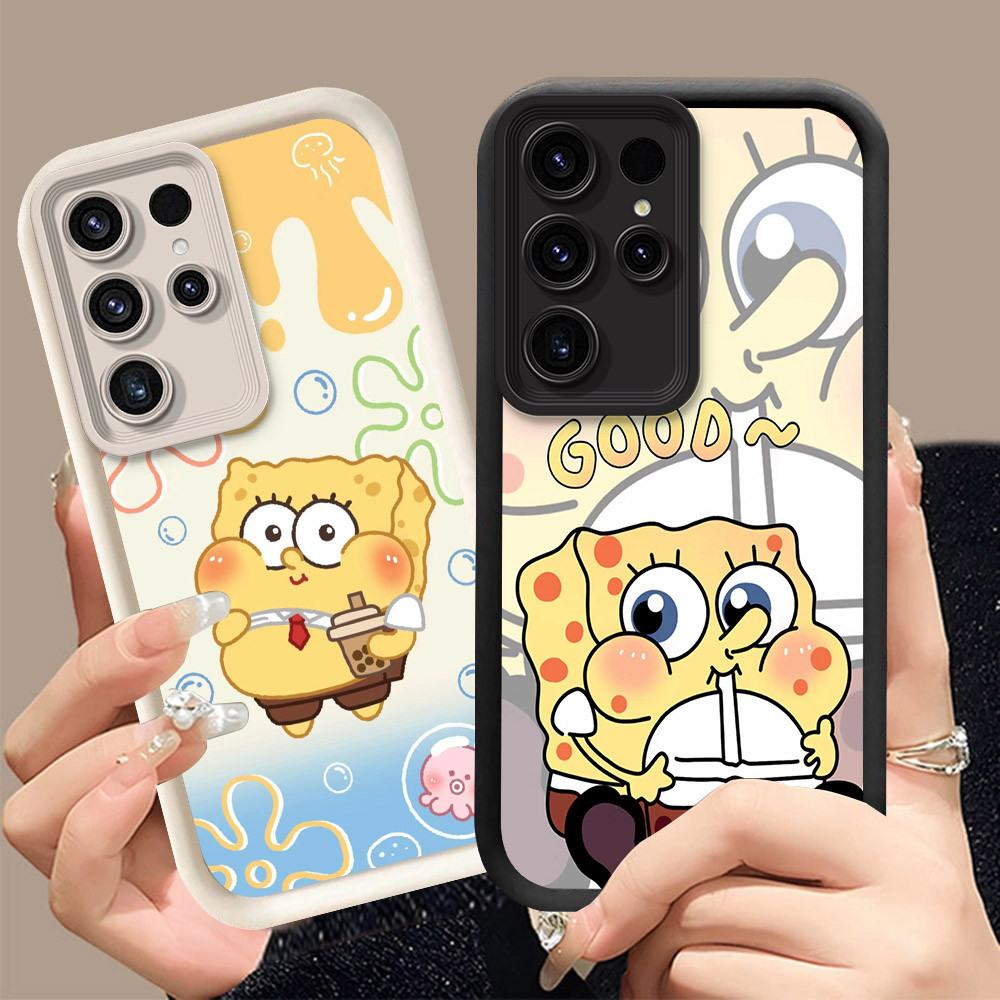 Q-7 SpongeBob ขาวดำเคสโทรศัพท์หรับ Samsung Galaxy S23 S22 S21 FE Ultra Plus ปกสีชมพู