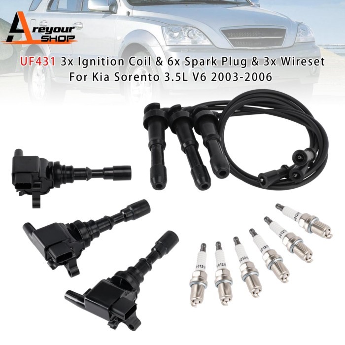 UF431 3x Ignition Coil & 6x Spark Plug & 3x Wireset for Kia Sorento 3.5L V6
