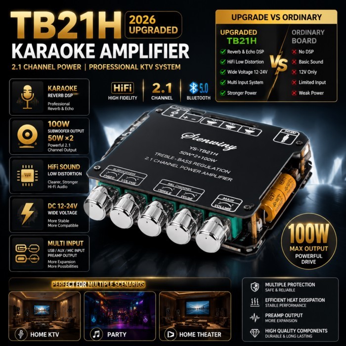 YS-TB21H 2.1 Channel Amplifier Board HiFi Stereo DSP Karaoke Reverb Audio Module 50W×2+100W DC12-24