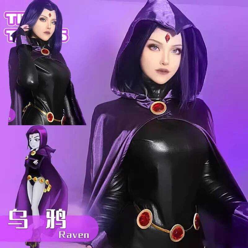 C New Teen Titans Er Hero Raven Cosplay Cost Women Black Suit Purple Hooded Cloak Jumpsuits Hallowe