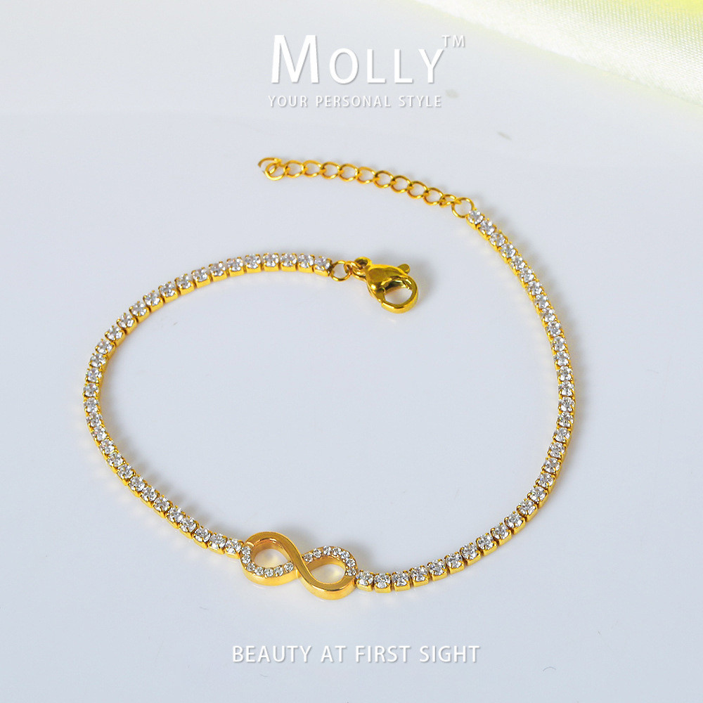 สร้อยข้อมือผู้หญิง สแตนเลสมีลวดลาย Infinity Zirconia พลาทินัมโค้ตด้วยทองคำ 18K ไม่อักเสบ เหมาะสำหรับคนเป็นภูมิแพ้