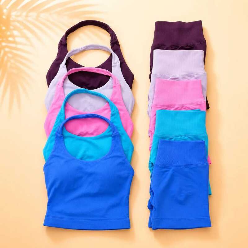 O Women Halter Neck Workout Seamless Tank Top High Waist Lings Yoga Gym Fitness Sportswear 2PCS Set