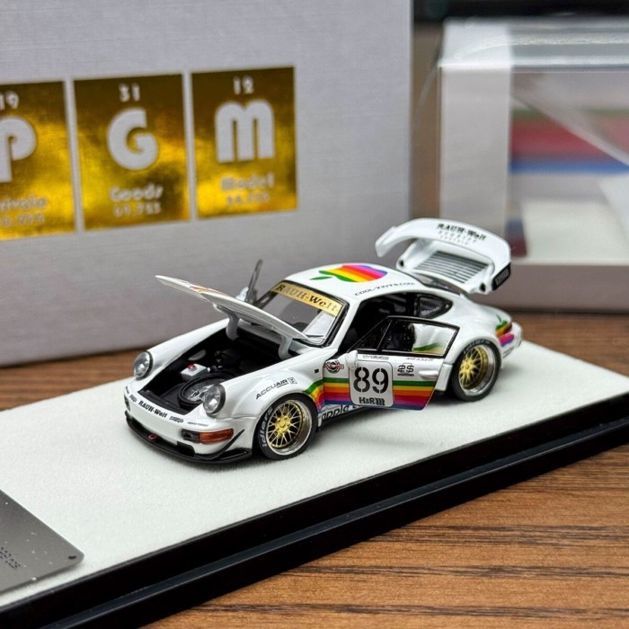 PGM Porsche RWB 964 Modified Wide Body White Apple 1: 64 Alloy Full Open รถจําลองรุ่น