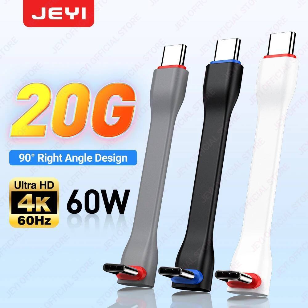 JEYI 20Gbps 90° สาย USB C to C PD 3A 60W 75MM Mobile Power สาย USB-C สําหรับชาร์จ Bank, MacBook, แล็