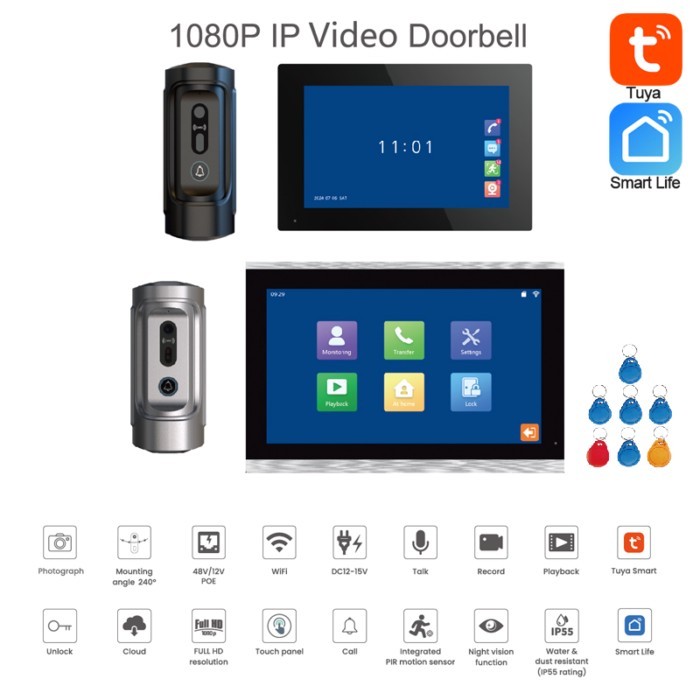 1Pcs 2.4G WiFi Tuya APP Control Door Bell With 7/10 Inch Touch Screen 200MP Night Vision Camera Sma