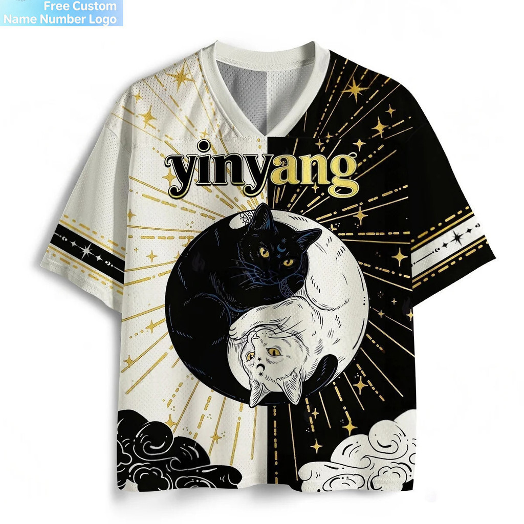 ล่าสุด Yin Yang Tai Chi Cat Rugby 3D Jersey สีดําทอง Starry Sky Lucky Cloud เด็กผู้ชายและผู้หญิงตาข่
