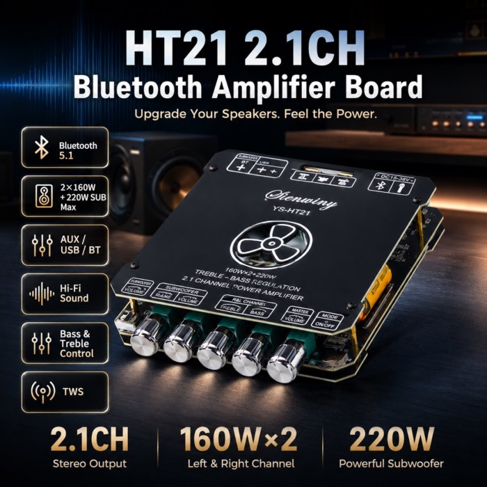 HT21 2.1CH Bluetooth 5.1 Audio Amplifier Board 160W×2 220W Subwoofer AUX USB BT Power Amp Module DI