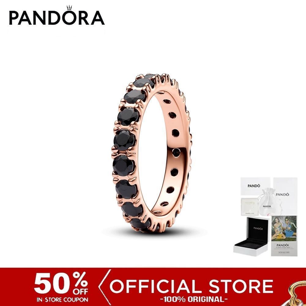 (ของแท้100%) Pandora 14k Rose Gold-plated Ring With Black Cystal