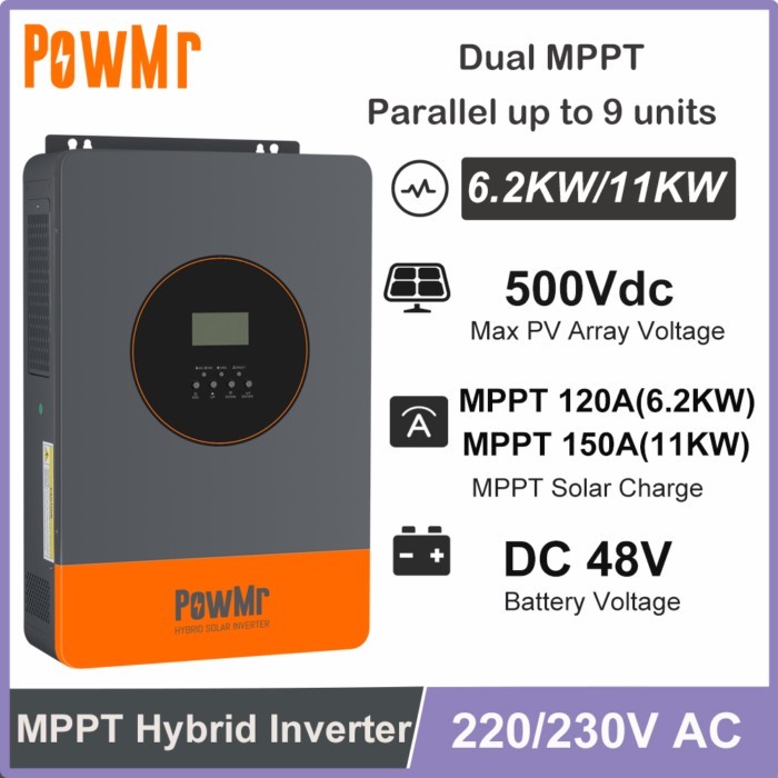 PowMr 6.2KW 11KW Hybrid Solar Inverters 48V DC to 230V AC Wtih 120A 150A MPPT Solar Charge Parallel