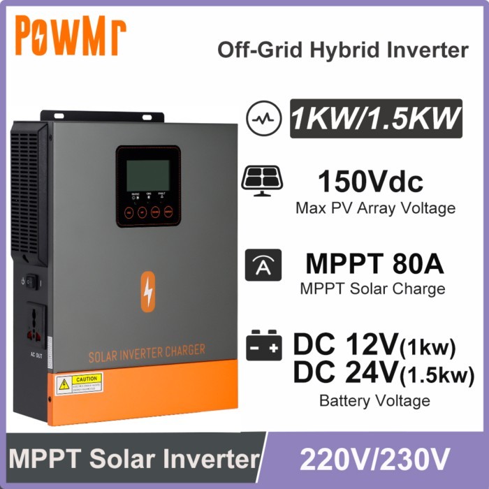 PowMr 1KW 1.5KW Hybrid Inverter 12V 24V DC to 230V AC 80A MPPT Solar Charge Controller Pure Sine Wa