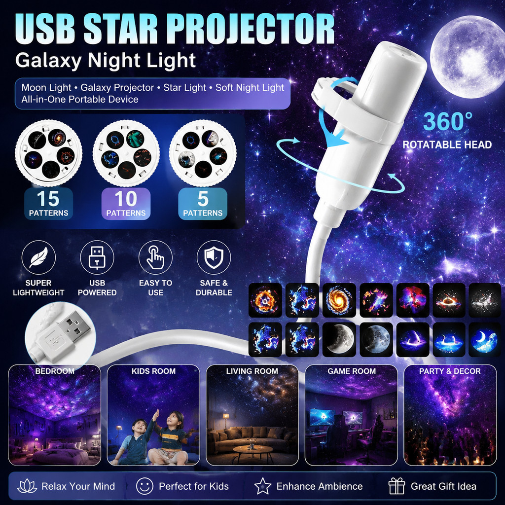 [ อัพเกรดใหม่ ] 360° Starry Sky โปรเจคเตอร์ 5/10/15 Creative Planet และ Ocean รูปแบบบรรยากาศ Night Light Plug & Play ออกแบบโคมไฟตกแต่งห้องเด็ก