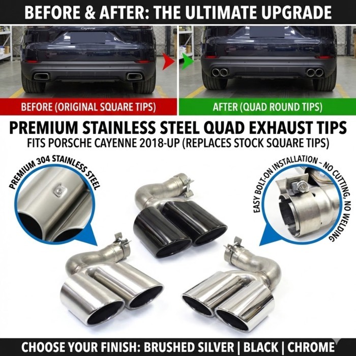 Exhaust Tips For Porsche Cayenne 9Y0 E3 (2018-2025) Upgrade Square To Quad Round Tailpipes Stainles