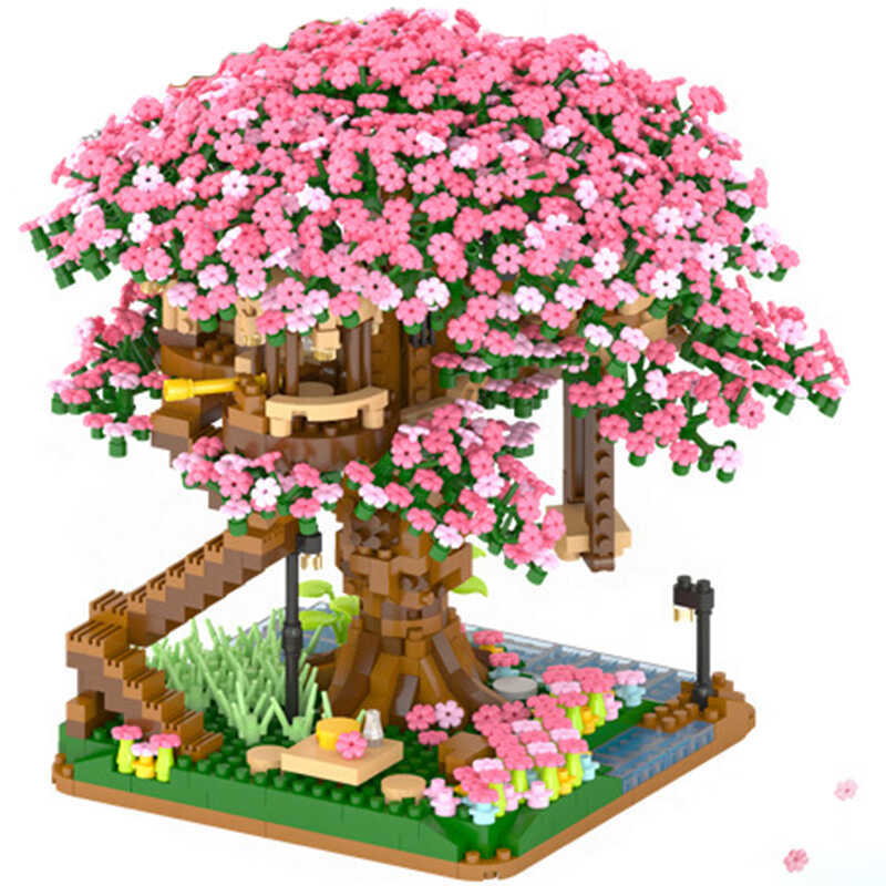 tion Cherry Blossom Flower Pink Tree House Train Assembly Building Blocks Classic Model Bricks Sets